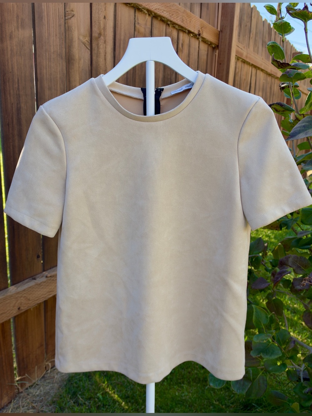 ZARA Woman Beige Taupe Structured Short Sleeve Back Zip Top Size S